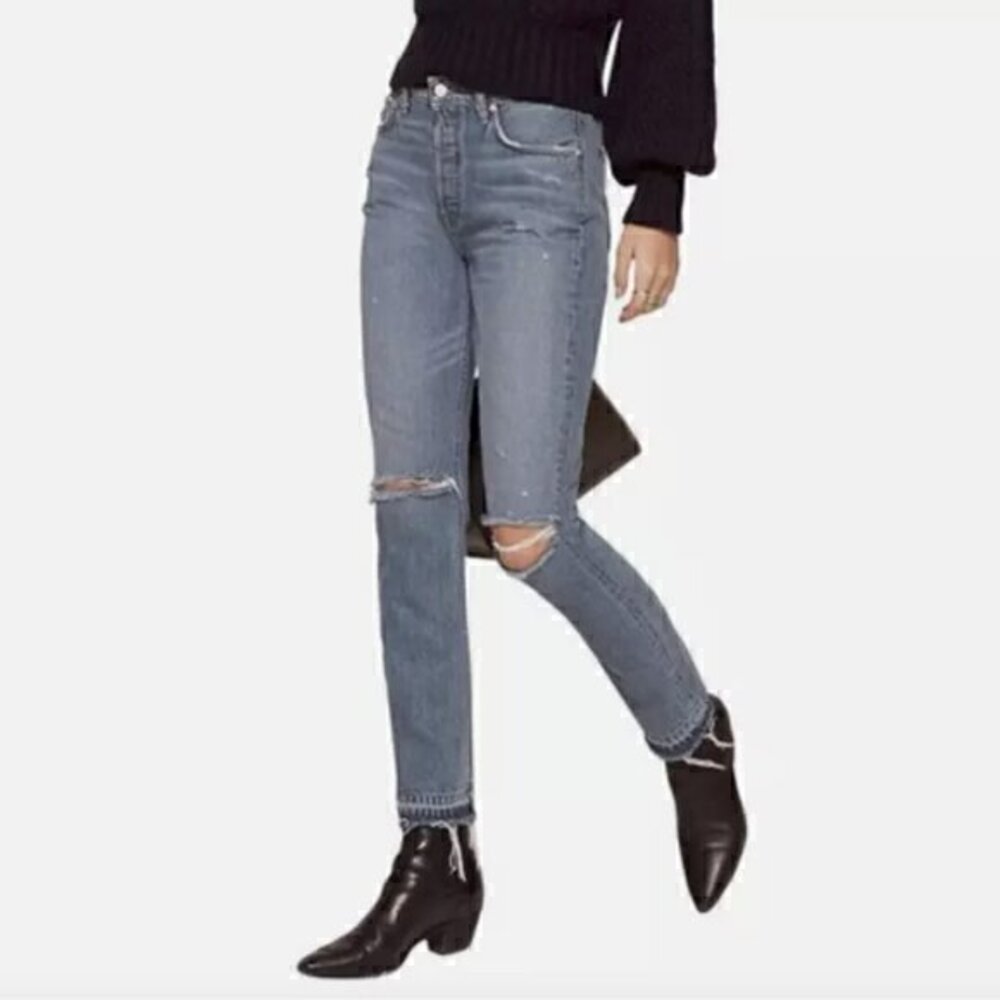 Reformation Distressed Mid Rise Slim Jeans Celtic Wash in Sz 28